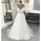 NumberSea Beach Formal Wedding Dresses Sweep Train Sleeveless Spaghetti Strap Lace With Appliques 2025 Bridal Gowns