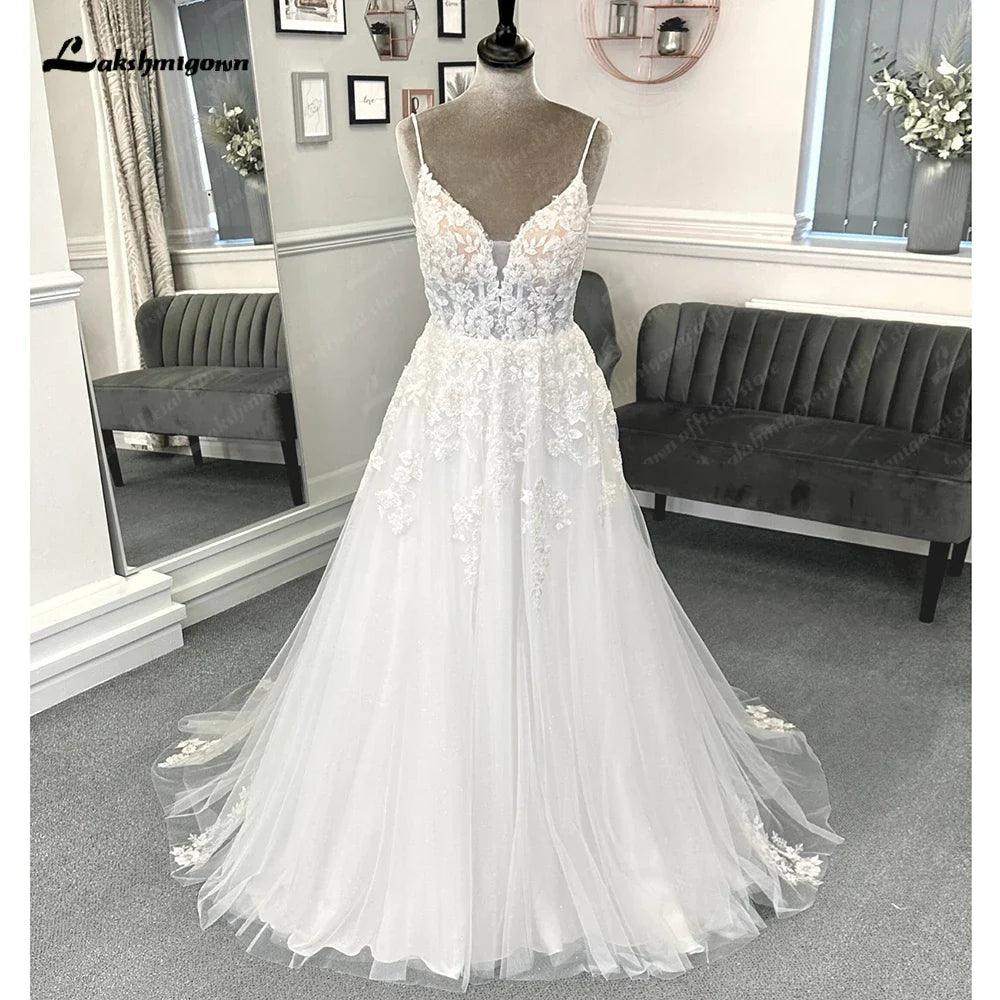 NumberSea Beach Formal Wedding Dresses Sweep Train Sleeveless Spaghetti Strap Lace With Appliques 2025 Bridal Gowns