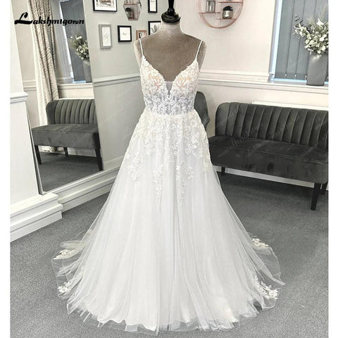 Vestidos de noiva de cerimónia NumberSea Beach, cauda longa, sem mangas, alças finas, renda com aplicações, 2025 