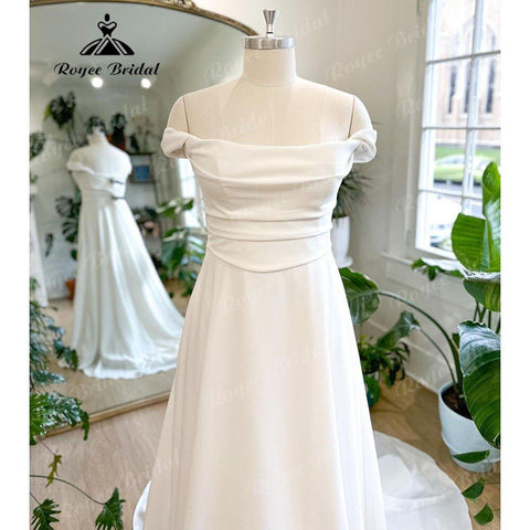 NumberSea Beach Off Shoulder Weiche Satinfalten Boho Brautkleid für Frauen 2025 Off White Hochzeitsempfangskleid für die Braut NumberSea 