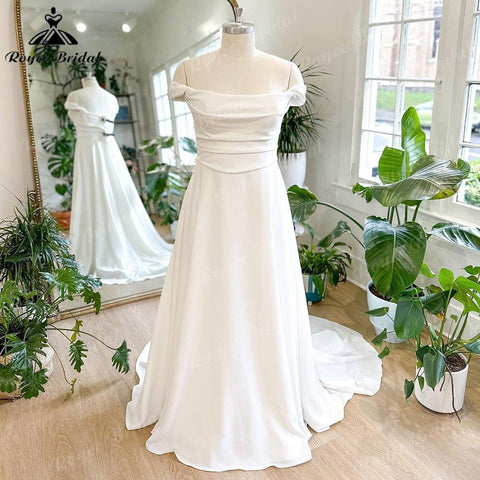 NumberSea Beach Off Shoulder Weiche Satinfalten Boho Brautkleid für Frauen 2025 Off White Hochzeitsempfangskleid für die Braut NumberSea 