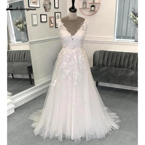 Vestidos de noiva NumberSea Beach 2025, corte A, sem mangas, renda com aplicações, primavera e verão 2025 