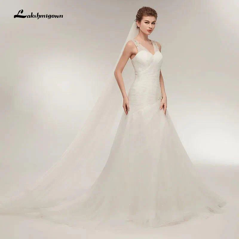 NumberSea Beach Wedding Dresses Vestido Noiva Simple White Tulle V-neck Bridal Gown robe de mariage vestido de noiva sereia