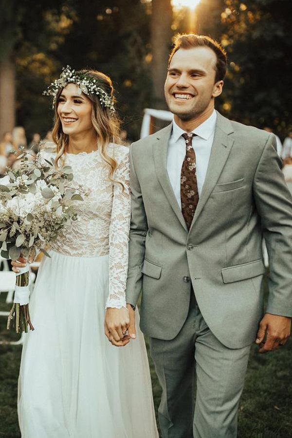 NumberSea Wunderschönes A-Linien-Brautkleid mit Tüllspitze und langen Ärmeln, MW590