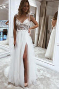 NumberSea Wunderschönes A-Linien-Brautkleid mit Spaghettiträgern aus Spitze, Brautkleid, MW576