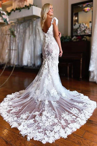 NumberSea Wunderschöne Spitze Meerjungfrau 3D Blumen Boho Brautkleider mit Schlitz, MW1006