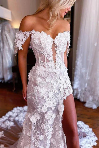 NumberSea Wunderschöne Spitze Meerjungfrau 3D Blumen Boho Brautkleider mit Schlitz, MW1006