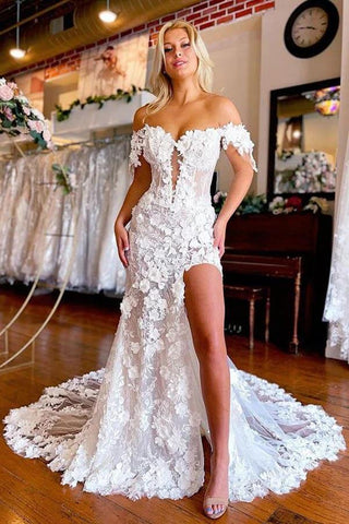 NumberSea Wunderschöne Spitze Meerjungfrau 3D Blumen Boho Brautkleider mit Schlitz, MW1006