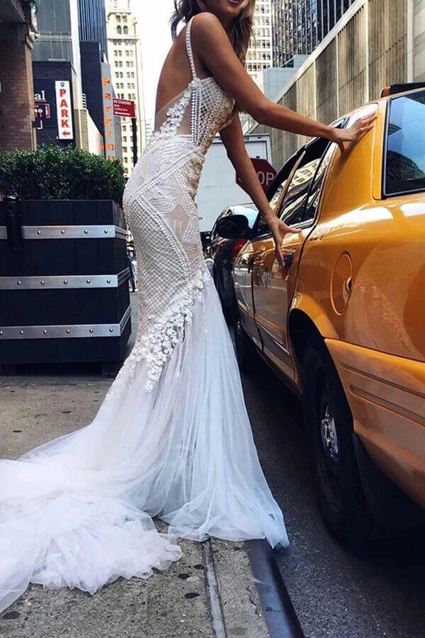 NumberSea Beautiful Tulle Lace Ivory Mermaid Deep V-neck Long Wedding Dresses, MW520