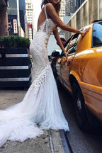 NumberSea Beautiful Tulle Lace Ivory Mermaid Deep V-neck Long Wedding Dresses, MW520
