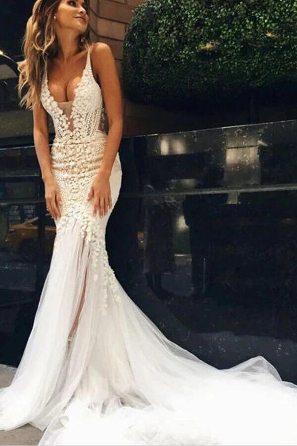 NumberSea Beautiful Tulle Lace Ivory Mermaid Deep V-neck Long Wedding Dresses, MW520