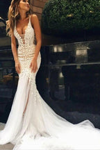NumberSea Beautiful Tulle Lace Ivory Mermaid Deep V-neck Long Wedding Dresses, MW520