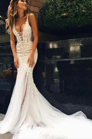 NumberSea Wunderschönes Tüll-Spitzen-Brautkleid in Elfenbein, Meerjungfrau-Stil, tiefer V-Ausschnitt, langes Brautkleid, MW520