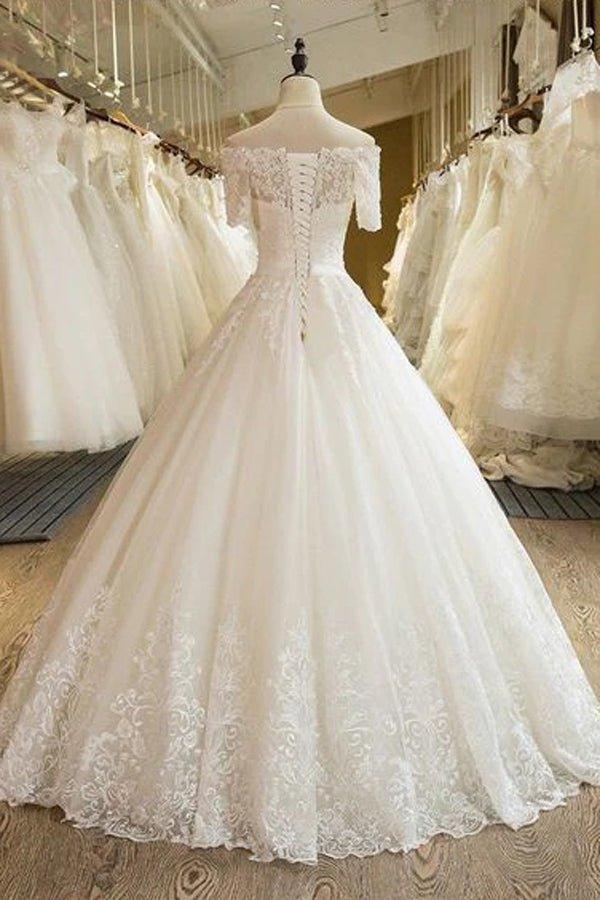 NumberSea Beautiful Wedding Dresses Off-the-shoulder Ball Gown Lace Ivory Bridal Gown,MW453