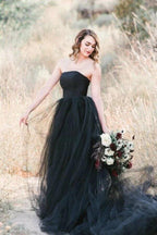 NumberSea Black Tulle A-line Strapless Wedding Dresses With Train, Bridal Gown, MW996