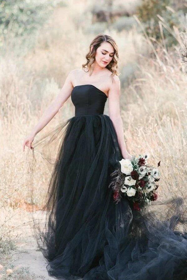 NumberSea Black Tulle A-line Strapless Wedding Dresses With Train, Bridal Gown, MW996