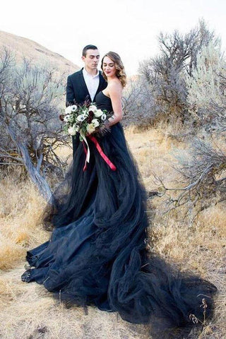 NumberSea Schwarzes Tüll-Brautkleid in A-Linie, trägerlos, mit Schleppe, Brautkleid, MW996