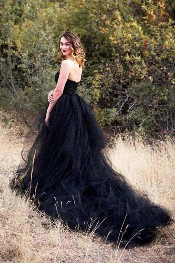 NumberSea Black Tulle A-line Strapless Wedding Dresses With Train, Bridal Gown, MW996