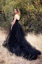 NumberSea Black Tulle A-line Strapless Wedding Dresses With Train, Bridal Gown, MW996
