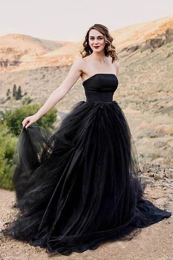 NumberSea Black Tulle A-line Strapless Wedding Dresses With Train, Bridal Gown, MW996
