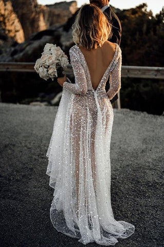 Vestidos de noiva NumberSea Bling Lace, corte A, decote em V profundo, transparentes, mangas compridas, MW572