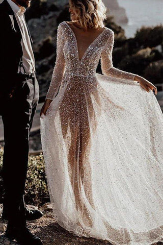 Vestidos de noiva NumberSea Bling Lace, corte A, decote em V profundo, transparentes, mangas compridas, MW572