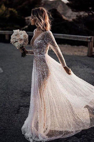 Vestidos de noiva NumberSea Bling Lace, corte A, decote em V profundo, transparentes, mangas compridas, MW572