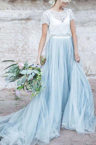 Vestido de noiva NumberSea Blue Tule Renda Top A-Line Mangas curtas, vestido de noiva, MW628