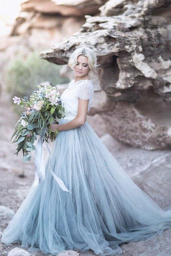 NumberSea Blaues Tüll-Spitzenoberteil A-Linie Kurze Ärmel Brautkleider, Brautkleid, MW628