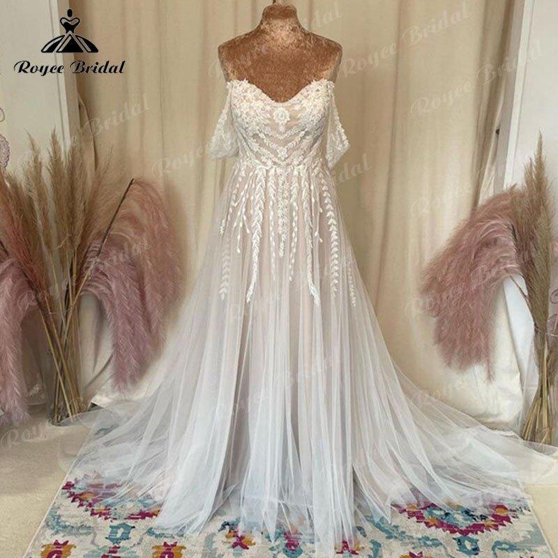 NumberSea Blush Pink A Line Boho Civil Wedding Dress Lace Appliques Tulle Off the Shoulder Court Train 2025 Bridal Gown for Women Elegant