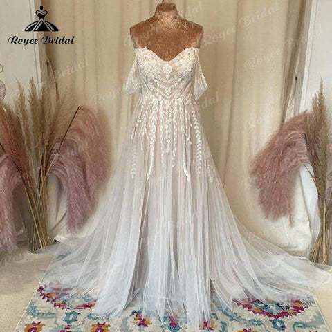 NumberSea Blush Pink A-Linie Boho Standesamtliches Brautkleid Spitzenapplikationen Tüll Schulterfrei Hofschleppe 2025 Brautkleid für Frauen Elegant 