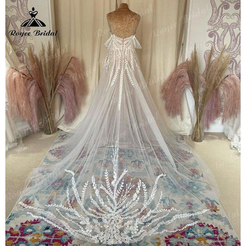 Vestito da Sposa NumeroMare Rosa Cipria Linea A Boho Matrimonio Civile Applicazioni di Pizzo Tulle Scollato Spalle Scoperte Coda a Corte 2025 Abito da Sposa per Donna Elegante