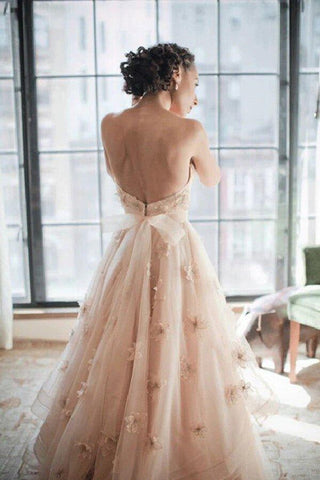 NumberSea Blush Pink A-Linie Herzausschnitt Blumenmuster Rückenfreies Brautkleid, Brautkleider, MW761