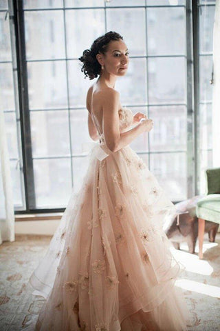 NumberSea Blush Pink A-Linie Herzausschnitt Blumenmuster Rückenfreies Brautkleid, Brautkleider, MW761