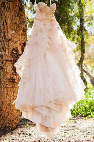 NumberSea Blush Pink A-Linie Herzausschnitt Blumenmuster Rückenfreies Brautkleid, Brautkleider, MW761