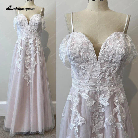 NumberSea Erröten Rosa Hochzeit Kleid Spitze Appliqued Tüll EINE Linie Backless 2025 Tank V Neck Brautkleider vestido de novia 