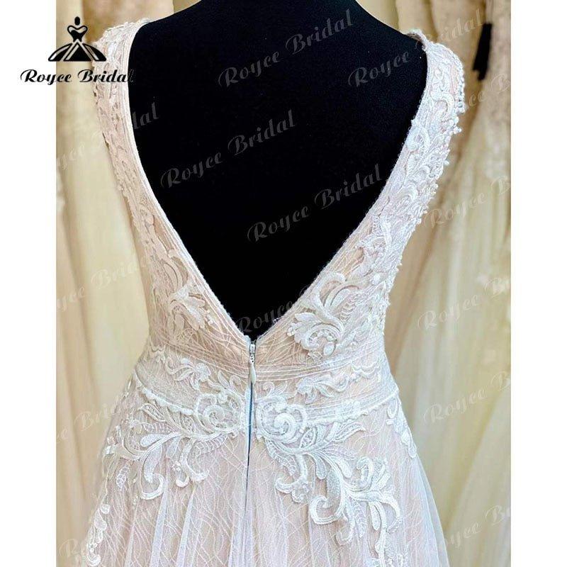 NumberSea Blush Pink Wedding Dress Tank V Neck Lace Applique Sleeveless Split Side Shiny Wedding Gowns vestido de novia de tul Bridal Gown