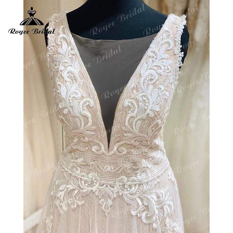 NumberSea Blush Pink Wedding Dress Tank V Neck Lace Applique Sleeveless Split Side Shiny Wedding Gowns vestido de novia de tul Bridal Gown