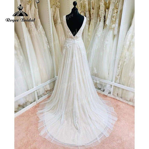 Robe de mariée NumberSea rose blush à col en V sans manches avec applications de dentelle, fente latérale et finition brillante, modèle tank en tulle, robe de mariée de cérémonie