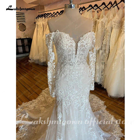 NumberSea Brautkleid mit U-Boot-Ausschnitt und langen Ärmeln, durchgehende Spitze, Kapellenschleppe, elegante Brautkleider, offenem Rücken 