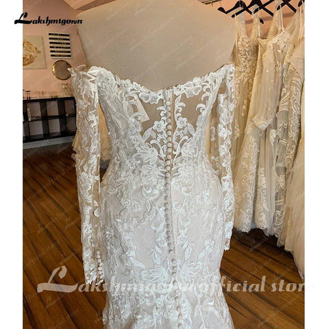 NumberSea Brautkleid mit U-Boot-Ausschnitt und langen Ärmeln, durchgehende Spitze, Kapellenschleppe, elegante Brautkleider, offenem Rücken 