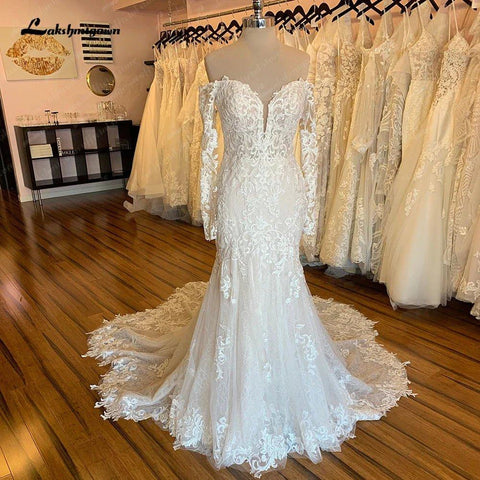 NumberSea Brautkleid mit U-Boot-Ausschnitt und langen Ärmeln, durchgehende Spitze, Kapellenschleppe, elegante Brautkleider, offenem Rücken 