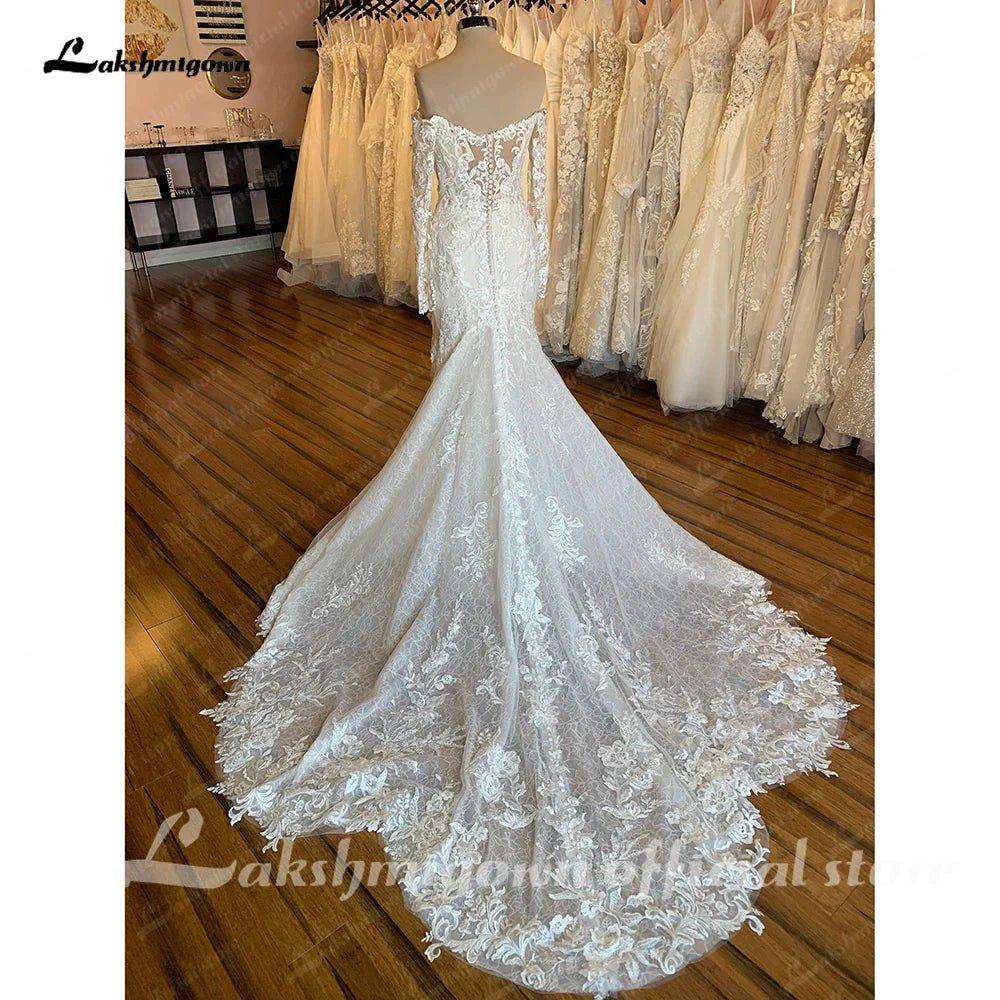 NumberSea Boat Neck Long Sleeves Wedding Dress Full Lace Chapel Train Bridal Gown Elegant Bridal Wedding Gowns Open Back