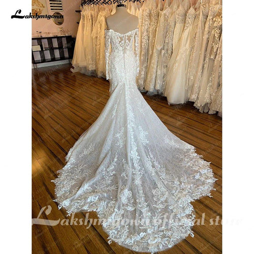 NumberSea Scollo a Barchetta Maniche Lunghe Abito da Sposa Pizzo Completo Strascico Cappella Veste da Sposa Elegante da Sposa Abiti da Sposa Schienale Aperto