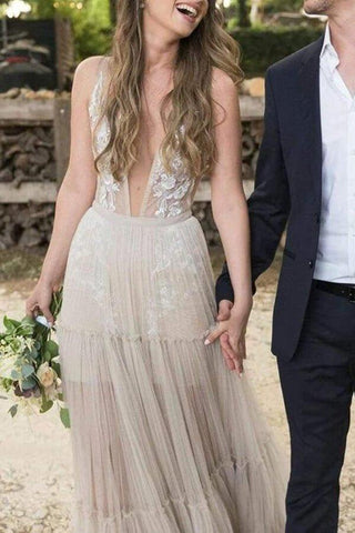 NumberSea Bohemain Tüll-Brautkleid, A-Linie, V-Ausschnitt, Applikationen, MW635