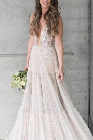 NumberSea Bohemain Tüll-Brautkleid, A-Linie, V-Ausschnitt, Applikationen, MW635