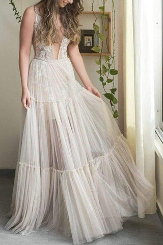 NumberSea Bohemain Tüll-Brautkleid, A-Linie, V-Ausschnitt, Applikationen, MW635
