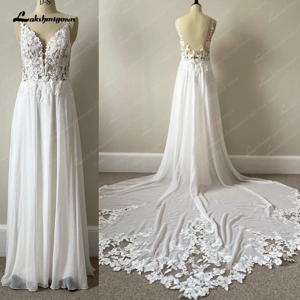 NumberSea Boheme A Line Boho Lace Floral Wedding Dress Open Back 2025 Wedding Gowns for Bride Spaghetti Straps Vestido Novia