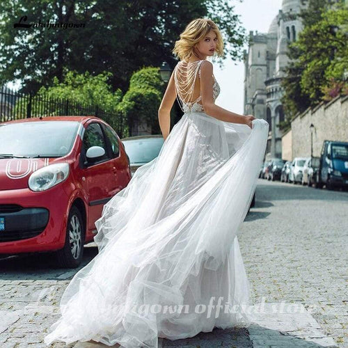 NumberSea Robes de mariée bohème perles dentelle plage