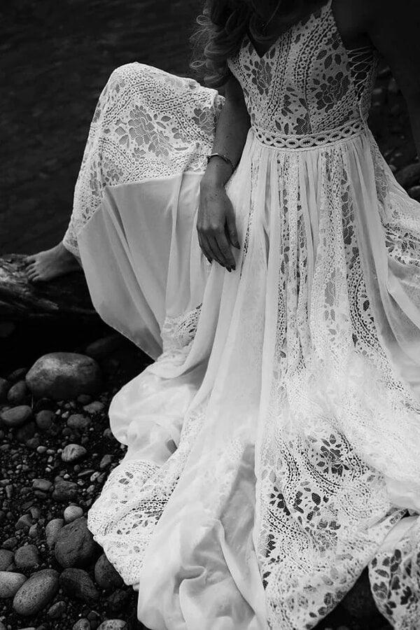 NumberSea Bohemian A-line V-neck Lace Wedding Dresses, Beach Wedding Gowns, MW801
